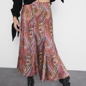 Zara Colorful Paisley Midi Satin Skirt XS